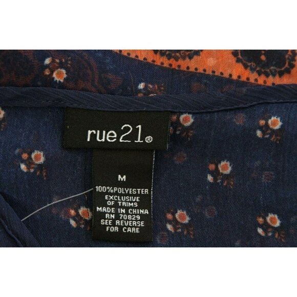 Rue 21 Blue Top Women's Size Medium Peasant Lace-Up Sheer Print Nwt - Picture 4 of 5